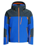 Blue and gray jacket with orange accents on a white background