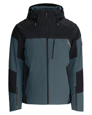 Two-tone gray and black jacket with a brand logo on a white background