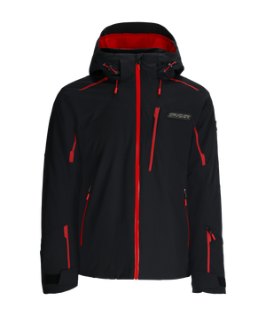 Black jacket with red accents on a white background