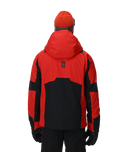 Red and black jacket with a hood on a white background