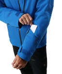 Blue jacket with a white label on a white background
