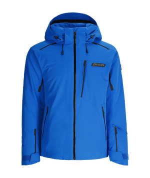 Blue jacket with black zippers and accents on a white background