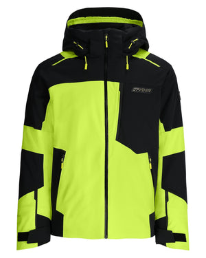 Black and neon green jacket with Spyder logo on a white background