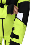 Close-up of a bright yellow and black jacket with a white background