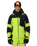 Person wearing a bright yellow and black ski suit with goggles on a white background