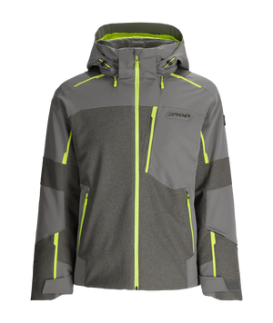 Gray and black jacket with green accents on a white background
