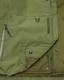Close-up of a green jacket with zippers and buttons