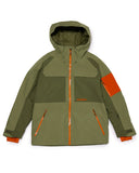 Green and orange jacket with a hood on a white background
