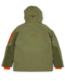 Green jacket with orange accents on a white background