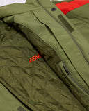 Green quilted jacket with red interior and 'Venom' branding.
