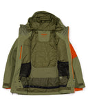 Green jacket with orange accents on a white background
