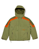 Green jacket with orange accents on a white background