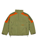 Green jacket with orange accents on a white background