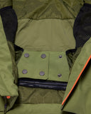 Close-up of a green jacket with a pocket and zipper