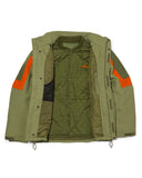 Green jacket with orange accents on a white background