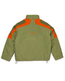 Green jacket with orange accents on a white background