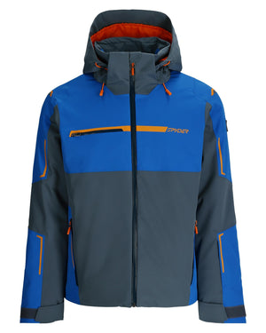 Blue and gray jacket with orange accents on a white background