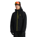 Person wearing a black ski jacket with a brand logo on a white background