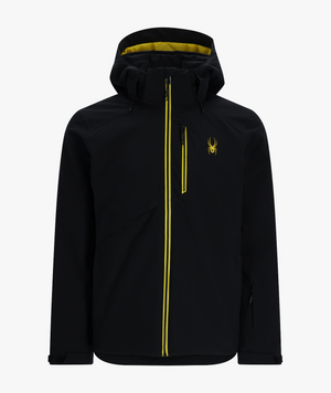 Black jacket with yellow accents and a logo on a white background