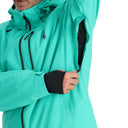 Teal jacket with black zipper details on a white background