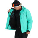 Person wearing a teal ski jacket with Spyder branding on a white background