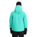 Person wearing a turquoise jacket with a hood on a white background