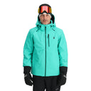 Person wearing a teal ski jacket with goggles on a white background