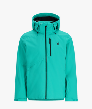 Teal jacket with a brand logo on a light gray background