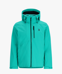 Teal jacket with a brand logo on a light gray background