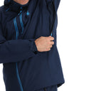 Navy jacket with blue accents on a white background