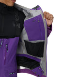 Close-up of a purple and gray jacket with a brand logo on a white background