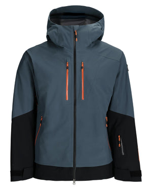Two-tone gray and black jacket with orange zippers on a white background