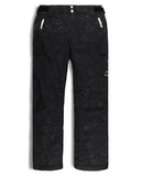 Black snow pants with a subtle pattern on a white background