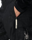 Close-up of a black jacket with a zipper and brand logo on a white background
