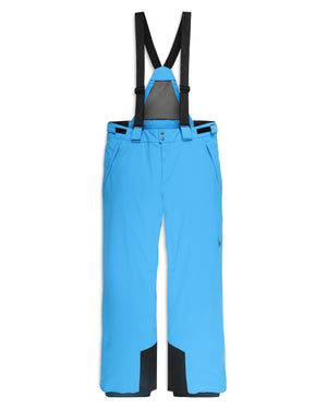 Blue ski pants with black suspenders on a white background