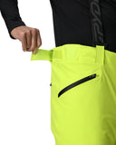 Person wearing bright yellow pants with a black zipper, on a white background