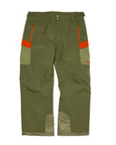Green pants with orange accents on a white background