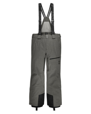 Gray snow pants with suspenders on a white background