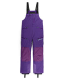 Purple snow pants with suspenders on a white background