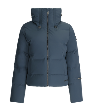 Blue puffer jacket with a hood on a white background