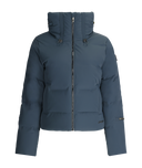 Blue puffer jacket with a hood on a white background
