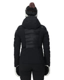 Person wearing a black winter coat with a hood on a white background