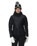 Person wearing a black ski jacket, goggles, and gloves on a white background