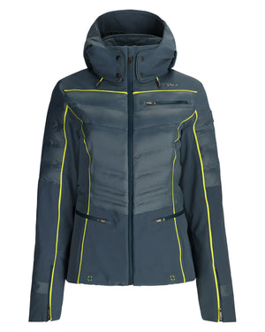 Blue jacket with yellow accents on a white background