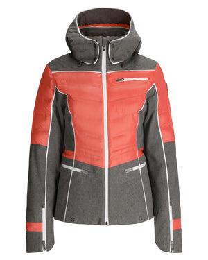 Red and gray jacket with a hood on a white background