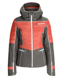 Red and gray jacket with a hood on a white background