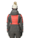 Person wearing a gray and red winter jacket with a white background