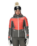 Person wearing a red and gray ski jacket with goggles on a white background