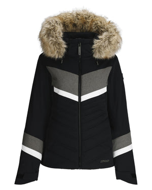 Black jacket with fur-lined hood on a white background