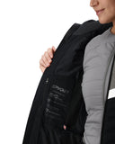 Person wearing a black Spyder jacket with a white background
